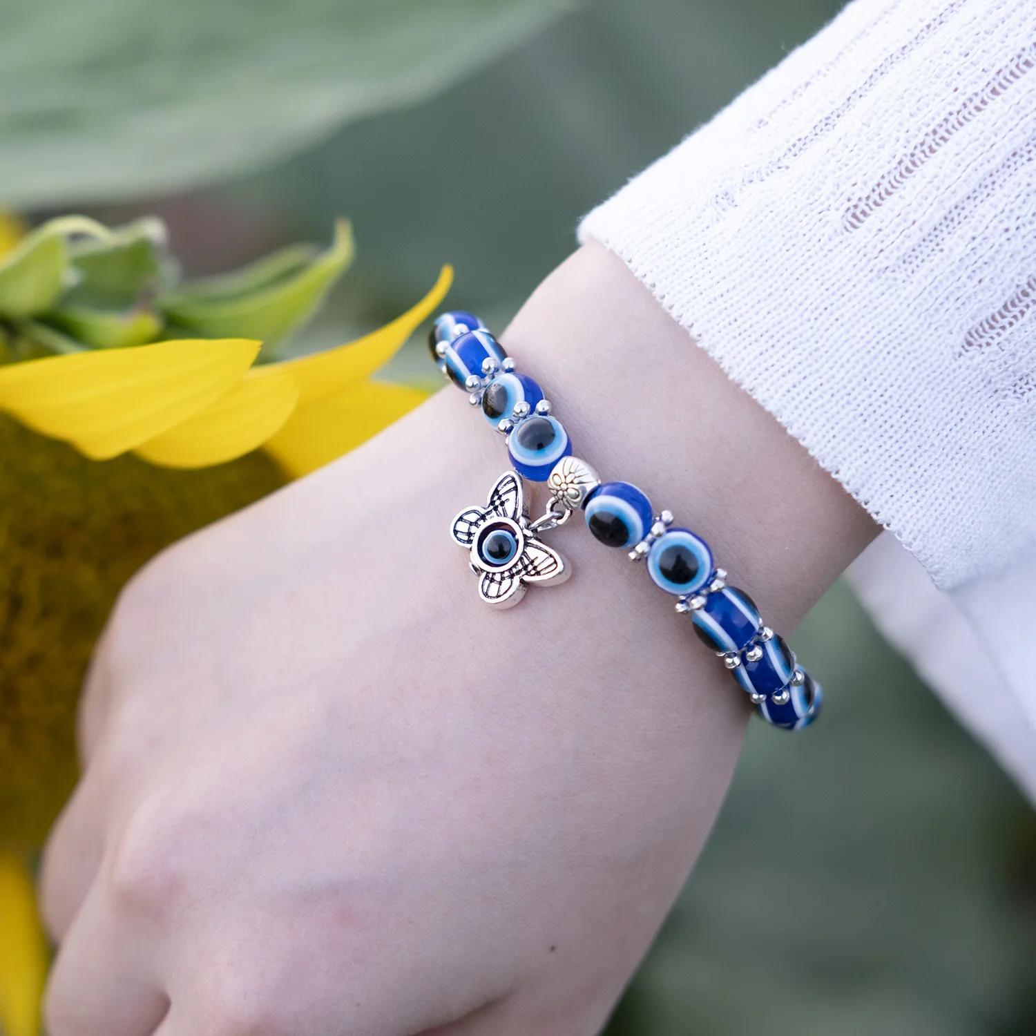 Blue Evil Eye Bracelet Hand of Fatima Turkey Thousand Eyes Wish Handmade Women's Resins Bead Bangle Elastic Bracelets Jewlery