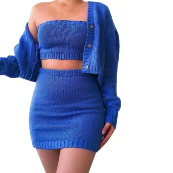 

Sexy Winter Women Clubwear 3 Piece Sets Knitted Tube Top Coat Skirt Set Outfits Knittwear