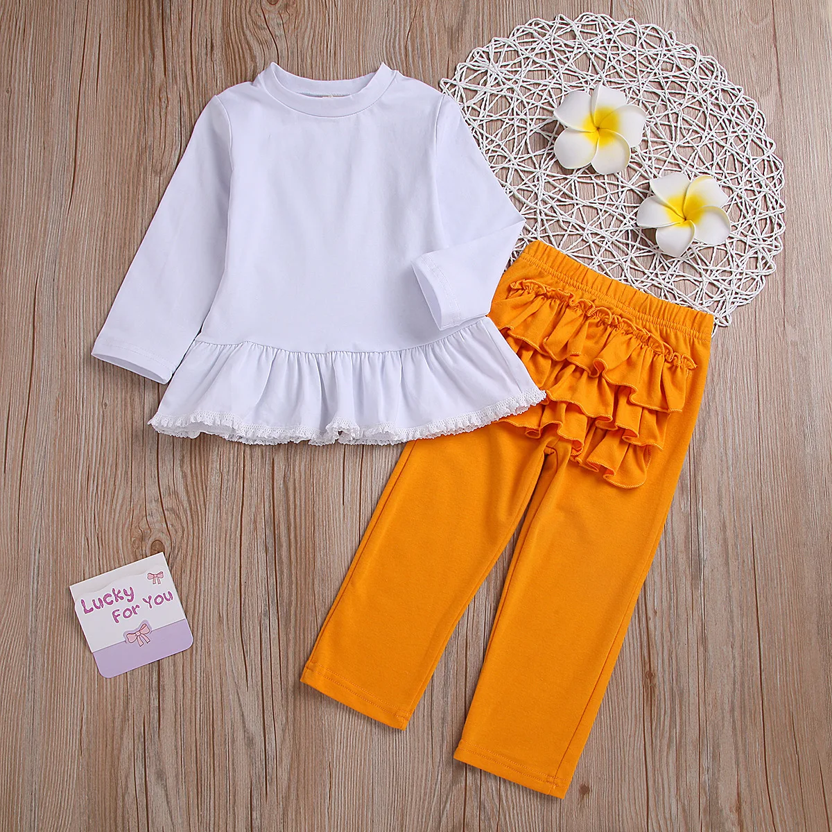 

Girls Autumn Set Crew Neck Solid Color Lace Edge Long-sleeved Upper Garment Frilled Trousers Two-Piece Set Hot Sales
