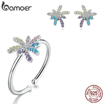 

bamoer GUS198 925 Sterling Silver Colorful Peony Firework Free Size Finger Rings and Stud Earrings for Women Jewelry Sets