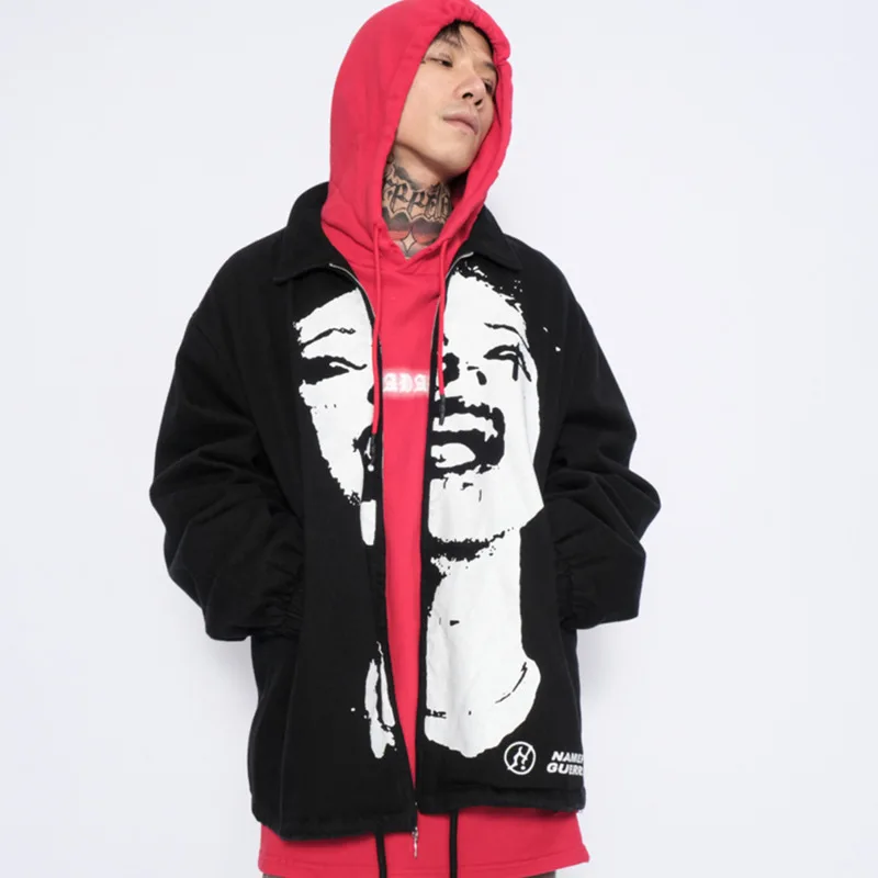 Hip Hop Turn-down Collar Jacket 2021 Winter Zipper Portrait Printing Hipster Men's Jackets Harajuku Oversize Varsity Outwear Men | Мужская