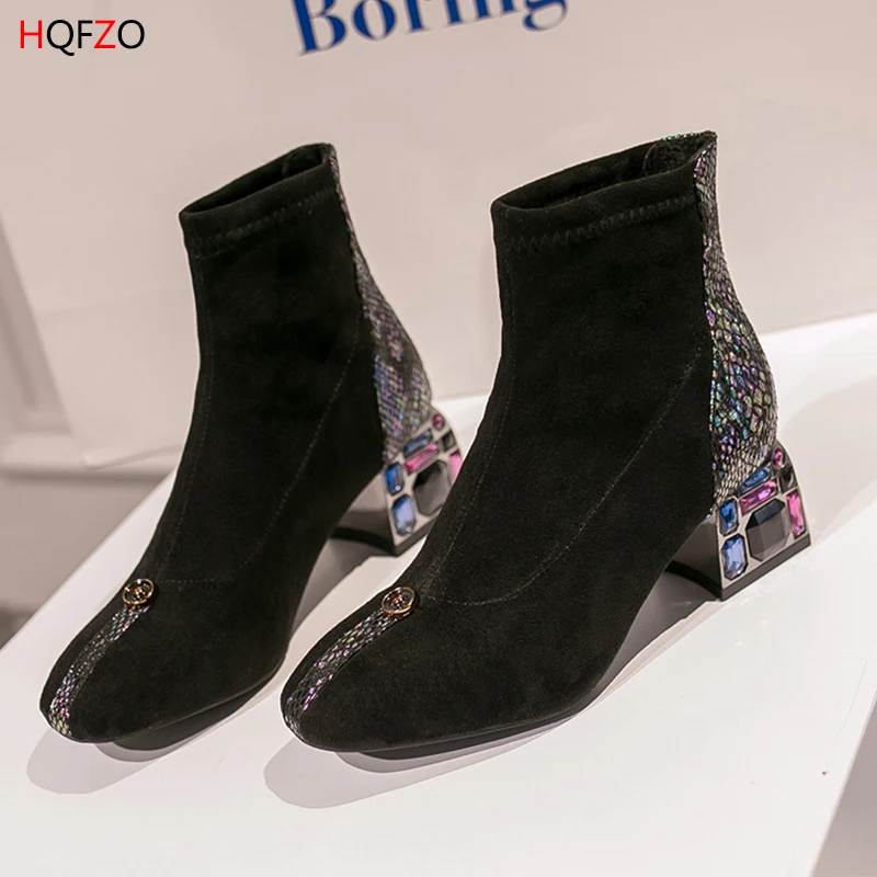 

HQFZO Mid Heels Square Toe Flock Fashion Women Ankle Boots Rhinestone Sequins Botines Sexy Platorm Mujer Zapatos Black 35-39