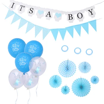 

1 Set Hanging Paper Fans Set Fashion Round Fans Latex Balloons Bunting Banner for Kids Birthday Party Decoration (Blue)