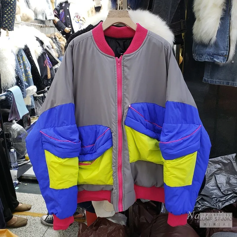 

Winter Women's Jacket New Korean Street Color Contrast Patchwork Zipper Baseball Uniform Quilted Loose Short Cotton Coat