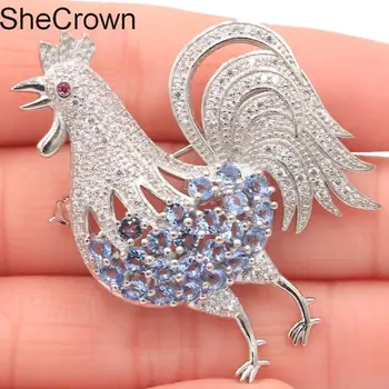 

36x47mm Gorgeous Rooster Rich Blue Violet Tanzanite Tourmaline Gift Silver Brooch