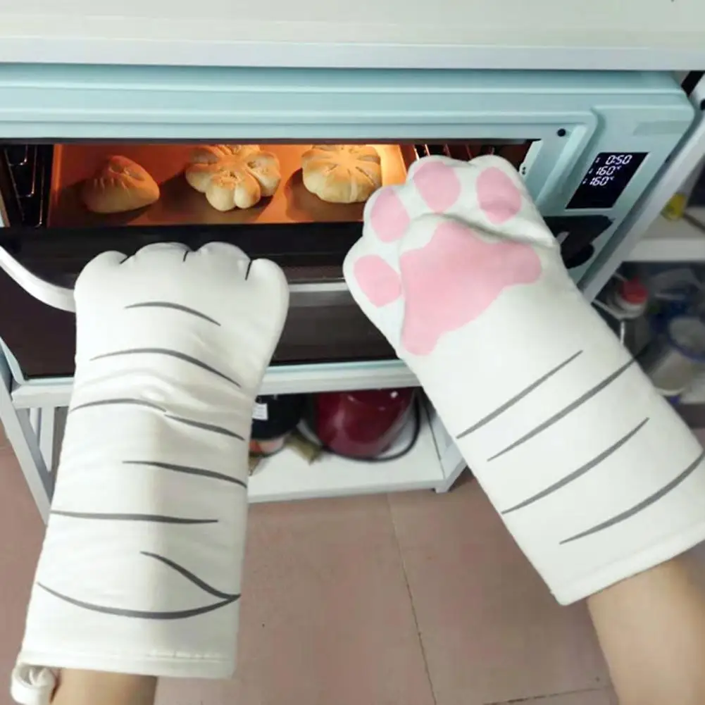 Guantes de cocina antideslizantes con dibujos 3D de gatos, manoplas largas de algodón para horno y microondas, resistentes al calor, 2020