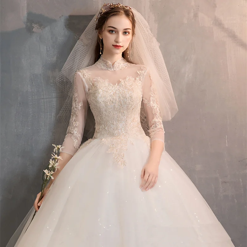 

New Vintage Lace Wedding Dress White With Sheer 3/4 long Sleeves Embriodery Bridal Wedding Party Dress Robe De Soiree De Mariage