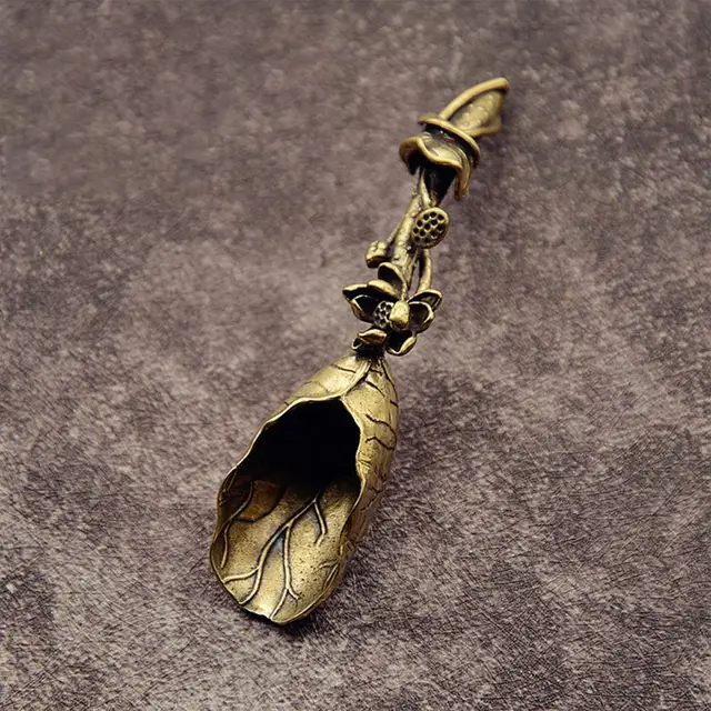 Unique Zoo Nkauj Lotus Shape Teaspoon Xuas tes ua muag muag Brass Kas fes Diav 1