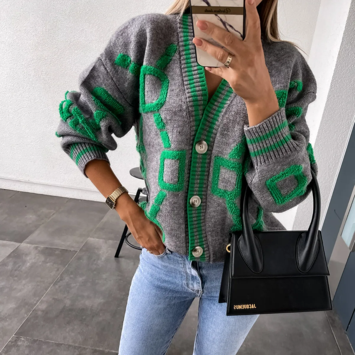 Women Autumn Winter New Loose Knitted Cardiagn Casual  V-neck Drop-shoulder Sleeve Sweater Coat Female Chic Crochet Outerwear