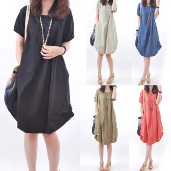 

Women's O-neck Causal Solid Color Short Sleeve Knee Length Dress Summer 2020 Dresses For Lady Платье