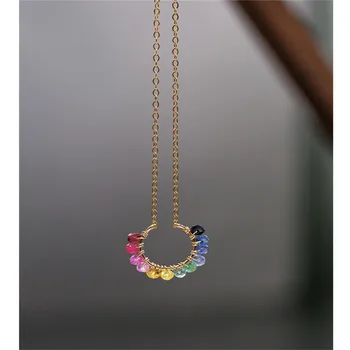 

DMBS033 Gradient red faceted sapphire pendant female yellow 14K gold Injection smile clavicle necklace gift