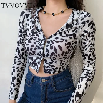 

TVVOVVIN Autumn 2020 Sexy Navel Short V-neck Full Sleeve Tops Women's Single-breasted Leopard Print Cardigan Top Sweater QS5