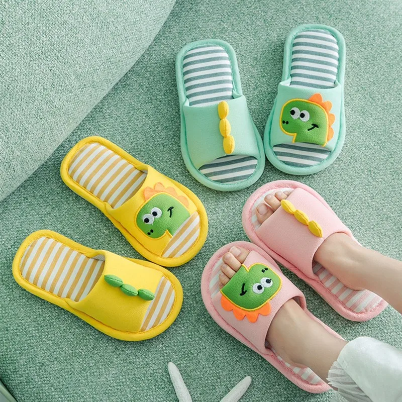 Kocotree Brand Cartoon Dinosaur Kids Slippers Children Home Shoes Baby Shoes Indoor Bedroom Spring Autumn Flax Slipper cartoon dinosaur autumn winter fluffy slippers baby cotton non slip warm thick children slippers home indoor slip on furry shoes