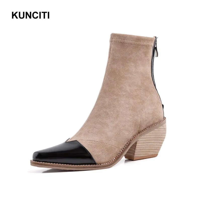 

2019 KUNCITI Patchwork High Heel Ankle Booties Pointed Toe Ladies Short Boots Plus Size 34-43 Flock Women Shoes Zip Up D9156