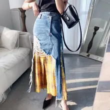 Новинка весны, европейская Дизайнерская Женская Лоскутная клетчатая Асимметричная джинсовая юбка, высокая уличная имитация двух частей, длинные юбки