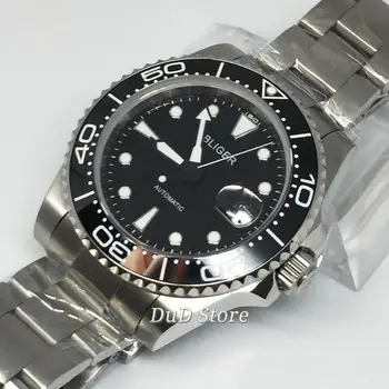 

Bliger 40mm Silver case Sapphire Glass black Dial Date Luminous Men's Top Casual Luxury Mechanical Automatic Watch