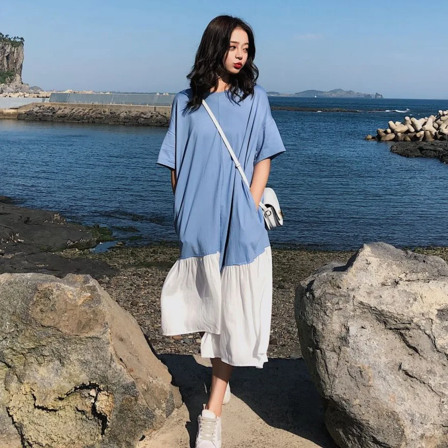 

Photo Shoot CHIC Funny GIRL'S Blue And White Irregular Joint Loose-Fit Mock Two-Piece BF Laziness Fishtail Dress Summer