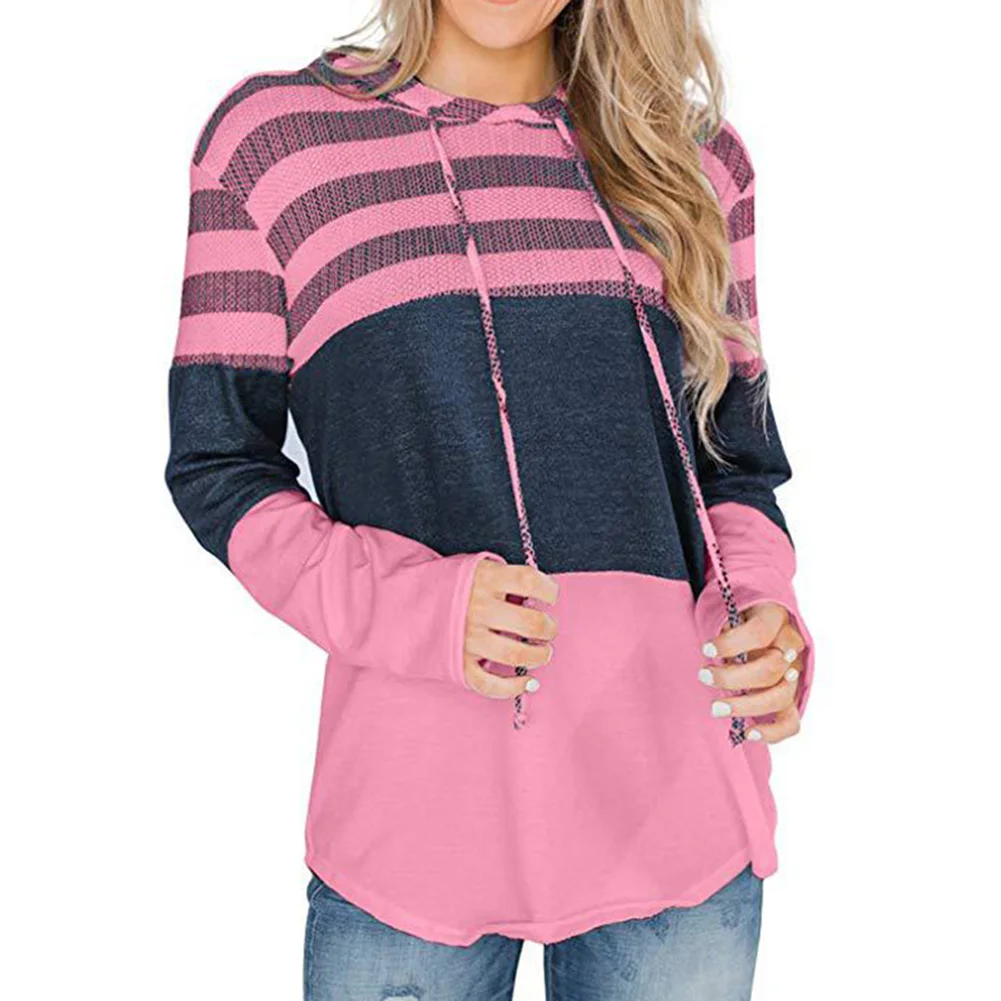 Mei red Women Hoodies Loose Pullover Long Sleeve Contrast Color Stripes Spring Autumn Sweatshirt Top BB55 - Цвет: Mei red