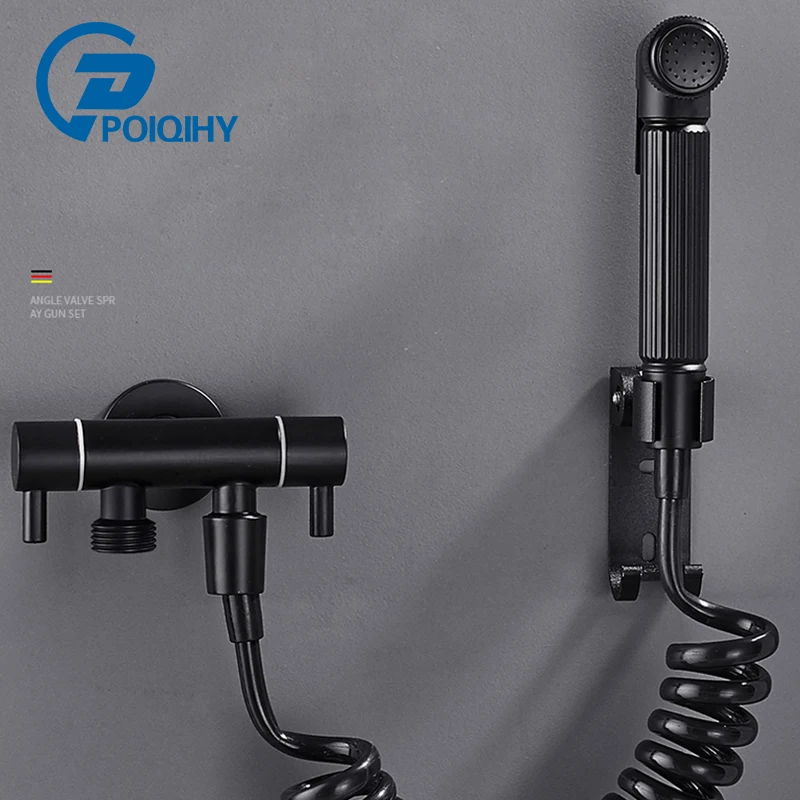 

Black Brass Bathroom Bidet Faucet High Pressure bidet sprayer toilet faucet Dual Outlet Dual Handle toilet washer With Hook tap