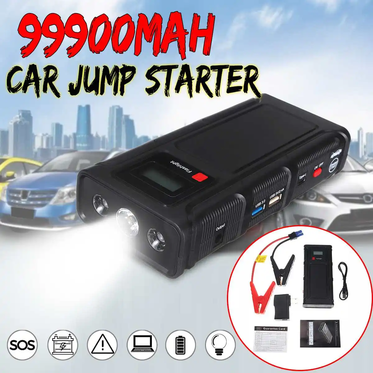 

99900mAh Car Jump Starter USB TYPE- C Multifunction Fast Charger Mobile Battery Booster Power Bank 12V Emergency Starting Device