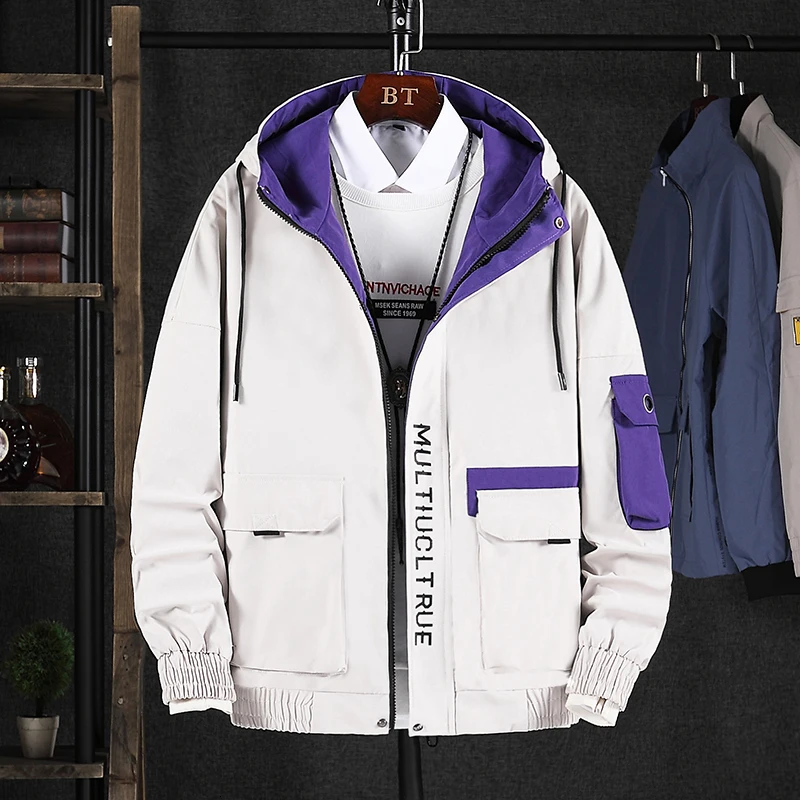 

YUECHEN Autumn And Winter Men's Loose Contrast Color Hooded Letter Print Pocket Jacket Zipper Youth Vitality M-5XL