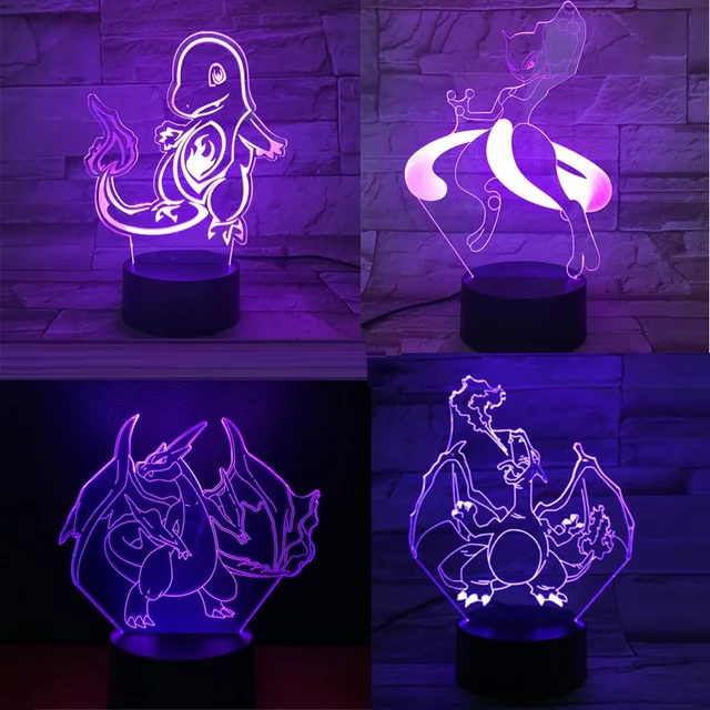 Pokemon Anime 3D LED Night Lights Bulbasaur Charizard Squirtle Mewtu Color Changing Figure Decor Home Figma Birthday Gift Toy 1