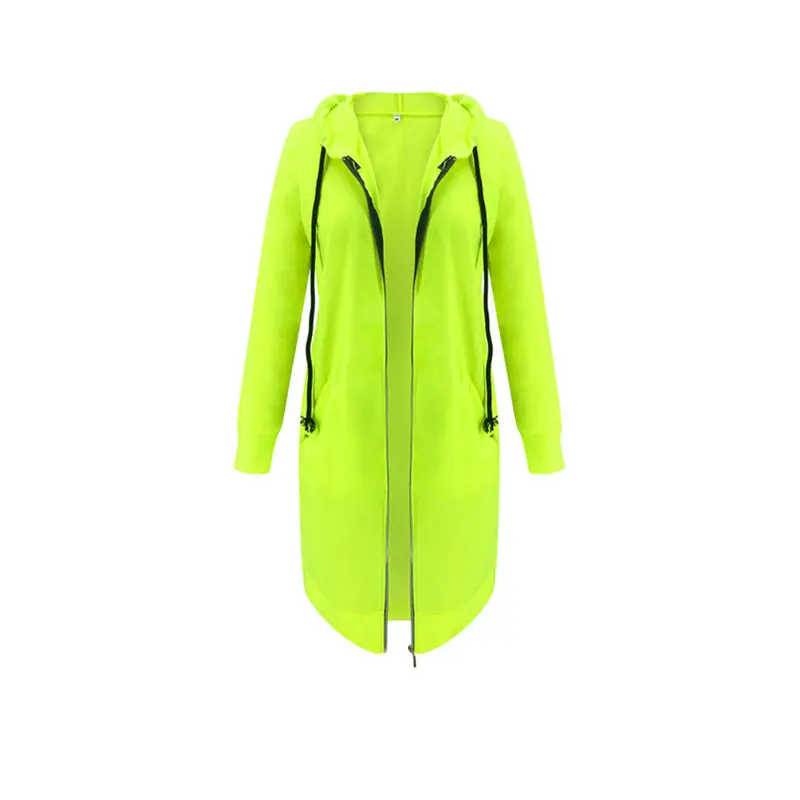 Неоновый зеленый, размера плюс, осень, элегантные женские пальто, на молнии, с карманами, Длинные куртки с капюшоном, куртки для женщин, открытая стежка, верхняя одежда GV399 - Цвет: Neon Green