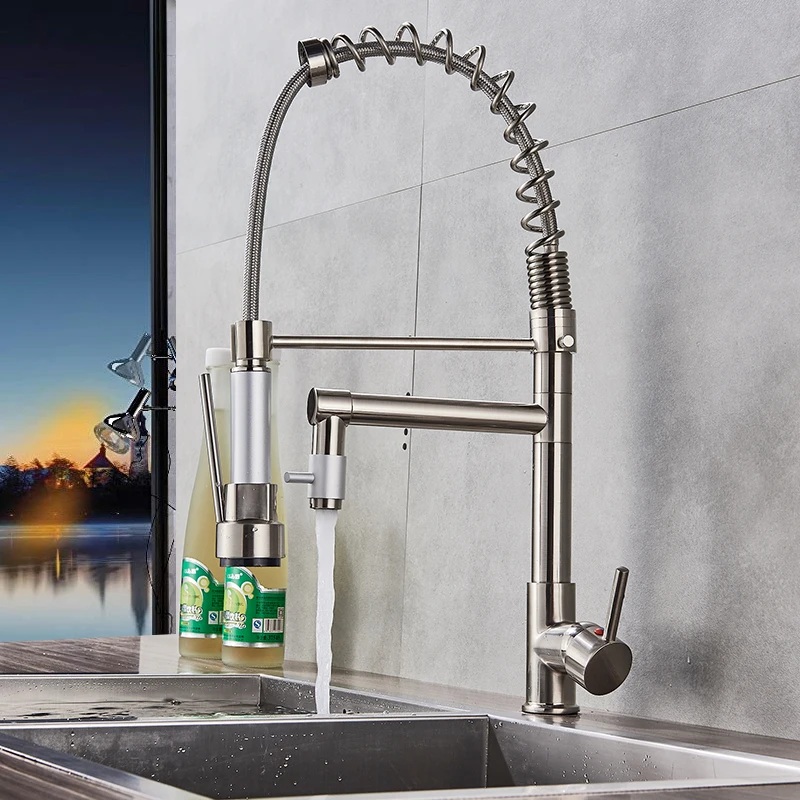 AS Dual Spout Swivel Pull Down Kitchen Faucet Basin Sink Mixer Tap Nickel Brush