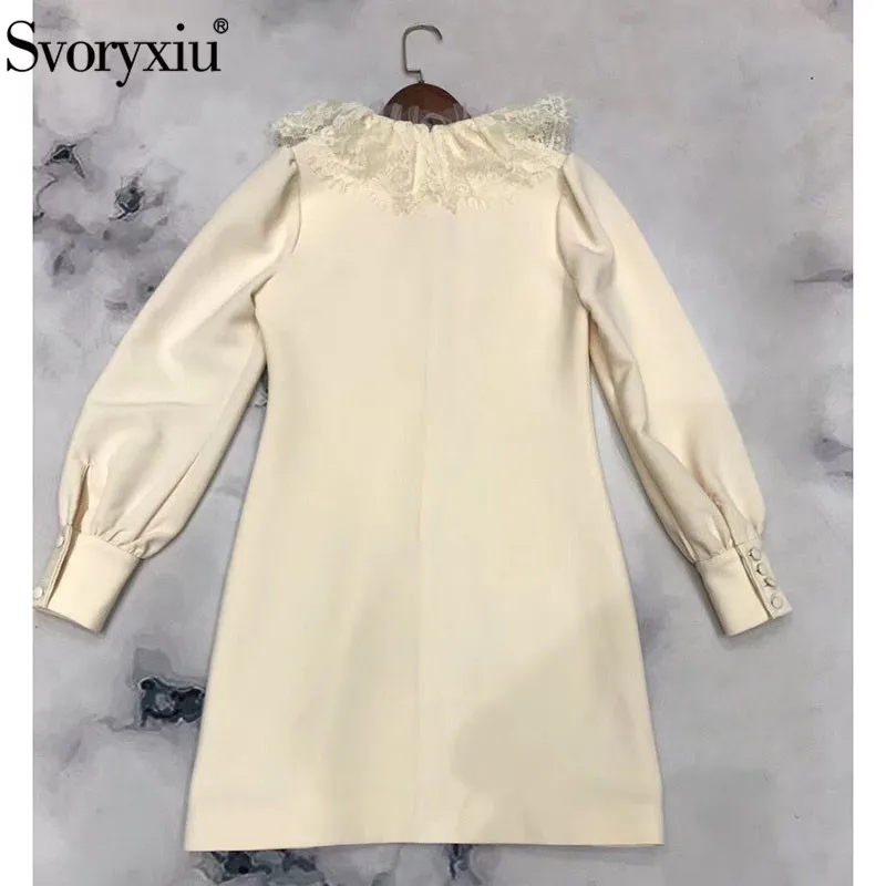 Svoryxiu Autumn Winter Runway Elegant Short Dress Women's Fashion Lantern Sleeve Lace Ruffles Solid Dresses Vestdios