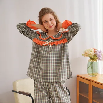 

XIFER Autumn Cotton Pajamas Women Korean Version of Loose and Fresh XL Home Service Petal Collar Lattice Elements Pajamas Set