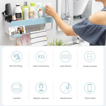 

Wall-Mounted Shampoo Holder With Hook Towel Hanger Holder Bathroom Storage Rack Kitchen Storage Shelf Make Up Organizer Bathroom