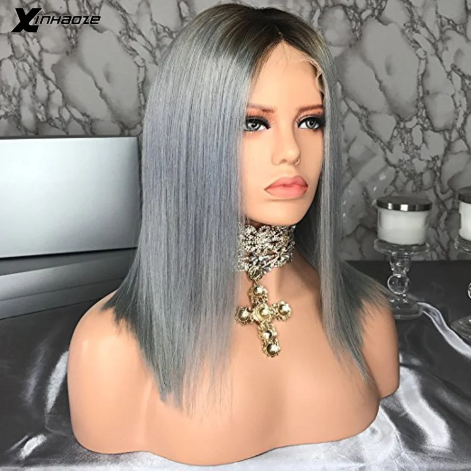 1B/Grey Short Bob Lace Wig Brazilian Remy Hair Straight Front Human Wigs Ombre Gray Color with Baby | Шиньоны и парики