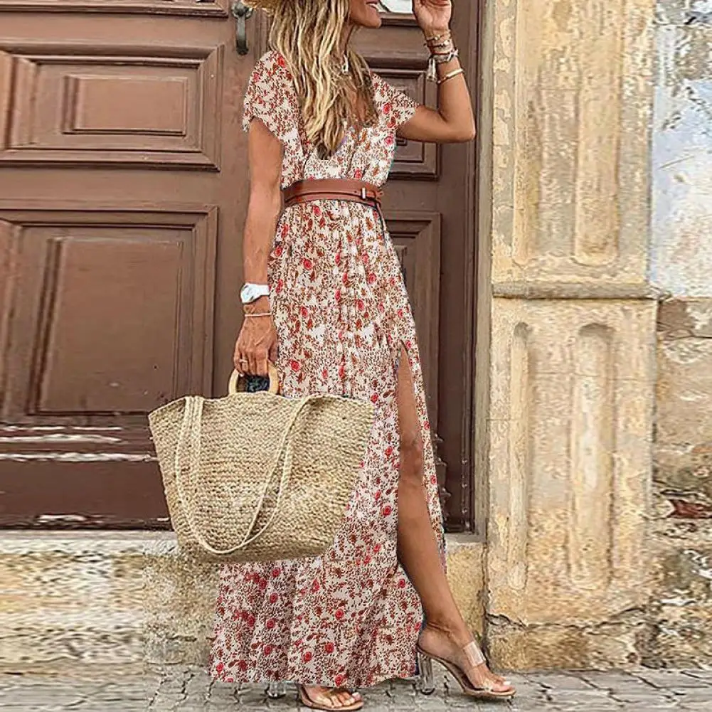 Fashion Boho Dress Long Dress Women Casual V Neck Short Sleeve Retro Print Belt Hem Beach Dresses Elegant Sundress Robe Femme