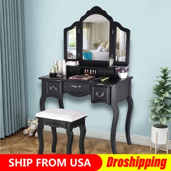 

Dressing Table For Cosmetic Makeup with 3 Mirrors 5 Drawers and Stool Bedroom Makeup Set Table Bedroom Furniture Chair
