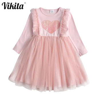 

VIKITA Girls Sequins Heart Dress Kids Pink Dresses Children Long Sleeve Autumn Winter Dress Girls Christmas New Year Clothes