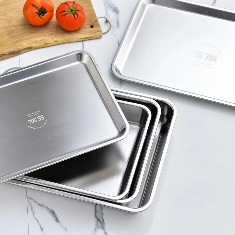 Durable 304 Stainless Steel Food Storage Tray Rectangle Pan Buffet Plates Cake Bread Bakeware Kitchen Organizer Dish 6