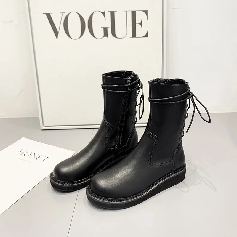 winter retro martin boots women British style flat bottom lace tie mid-calf motorcycle booties side zip riding botas female