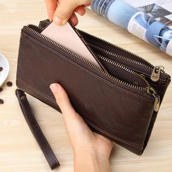

Business Men Clutch Wallets Luxury Double Zipper Genuine Leather Long Purses Large Capacity Cowhide Wallet For Male