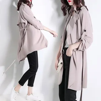 

Ultra-thin Mid Long Trench coat Women 2020 New Spring Autumn Loose Belt Ice Silk Chiffon Plus Size Windbreaker Solid Female Tops