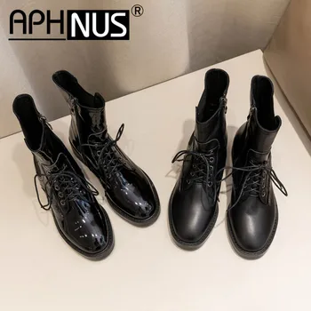 

APHNUS Womens Boots Motorcycle Short Ankle Booties Flats Lace Up Woman 2020 Shoes For Women New Boot