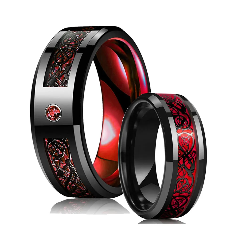 Anello Da Drago Celtico Da Uomo In Tungsteno Nero Da 8Mm Intarsiato Con Zircone Rosso Punk Anello In Fibra Di Carbonio Rosso Per Uomo Donna
