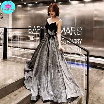 

2019 new gray black contrast color starry banquet ladies sexy mesh transparent heavy work tube top dress