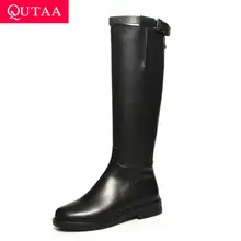 QUTAA/ осень-зима из коровьей кожи, на молнии модная обувь с пряжкой сапоги до колена круглый носок квадратный каблук теплые меховые женские ботинки размеры 34–42