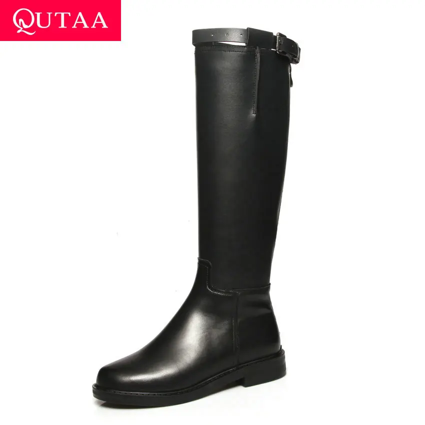 

QUTAA 2020 Autumn Winter Cow Leather Zipper Buckle Fashion Knee High Boots Round Toe Square Heel Warm Fur Women Shoes Size 34-42
