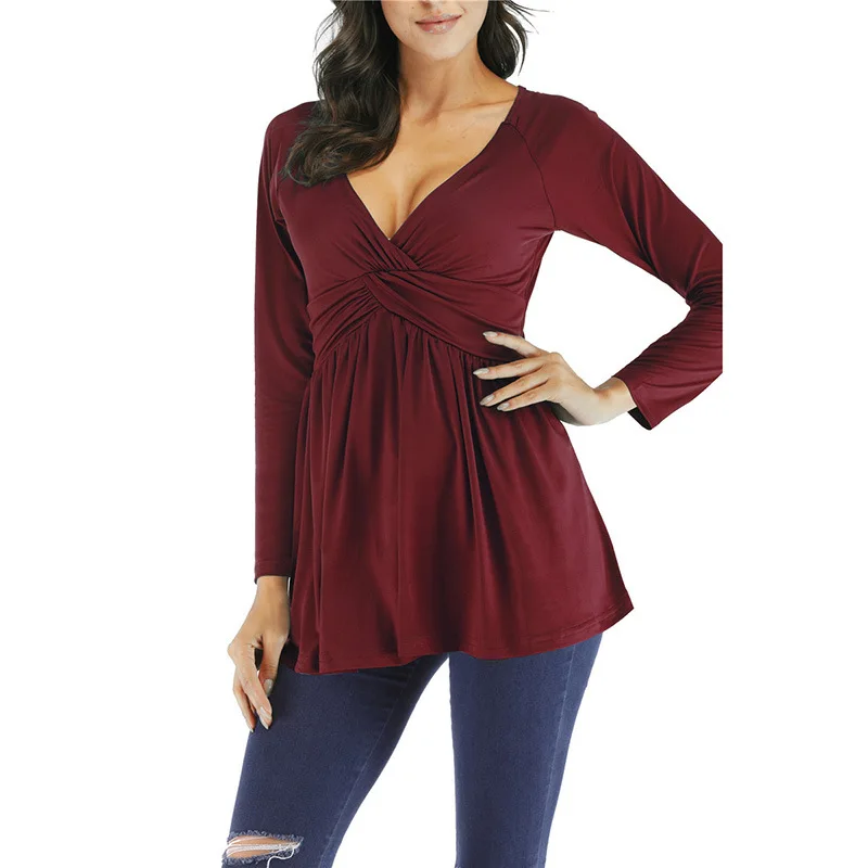 Бургундия TMWEVN Женская Vneck футболка с длинными рукавами футболка - Цвет: Бургундия