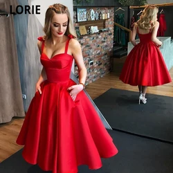 LORIE Red Short Evening Dresses Formal Satin Prom Party Gowns Sweetheart Spaghetti Strap Open Back A-line Beach Princess Dress