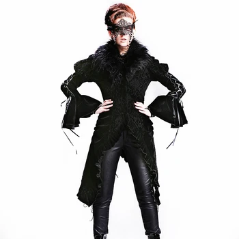 

Devil Fashion Women Steampunk Printing Pattern Retro Velveten Jackets Punk Wool Detachable Collars Winter Long Coat