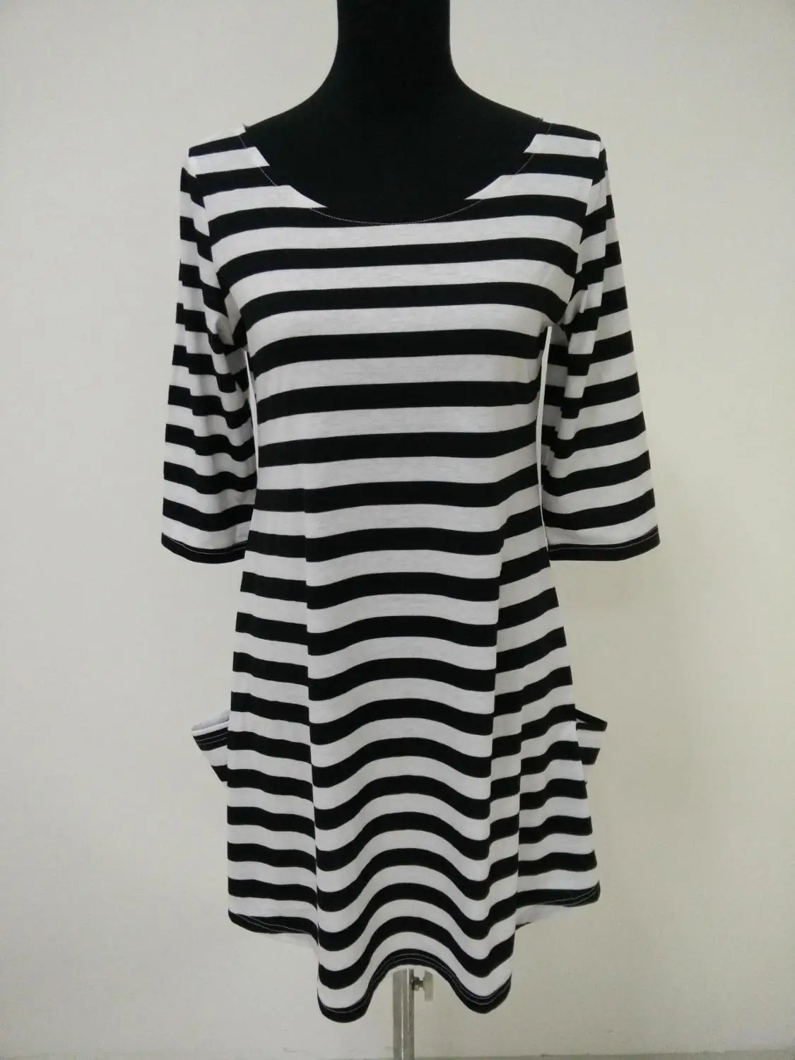 spring and summer black and white striped pocket decoration half sleeve casual dress parent-child
