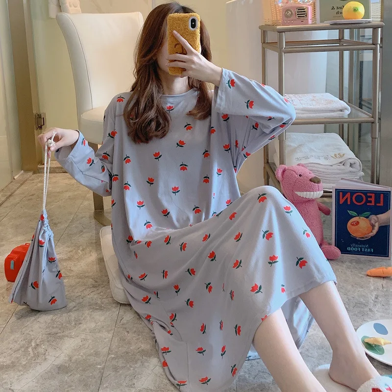 

Long Sleeve Nightgown Women's Spring And Autumn Korean-style Students Cute Small Red Flowers Long Pajamas Loose And Plus-sized T
