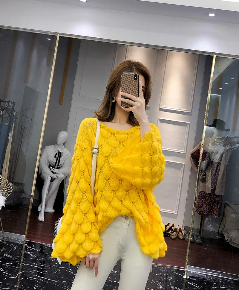 Желтый/красный/белый женский свитер свободного кроя с расклешенными рукавами вязаный свитер DZA018